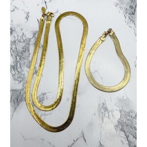 Premier Designs Herringbone Necklace Bracelet Set Gold Flat Chain